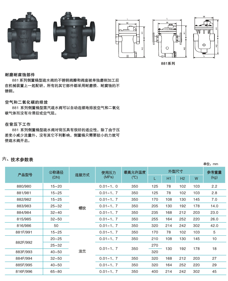 倒置桶式蒸汽疏水阀881-981-991